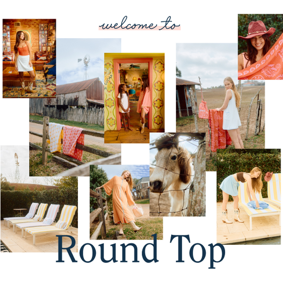 Collage of Round Top-inspired lifestyle scenes featuring colorful towels, rustic barns, horses, poolside loungers, and women in western attire.