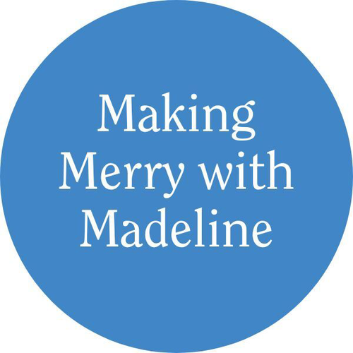 In blue and white graphics "making merry with madeline"