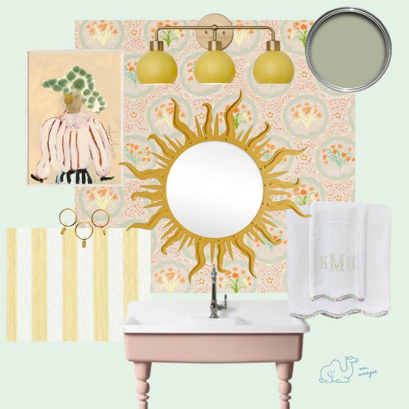 Bathroom scene with floral towels draped over a tub beneath “Look Book: Refresh the Nest” text and patterned window curtains.