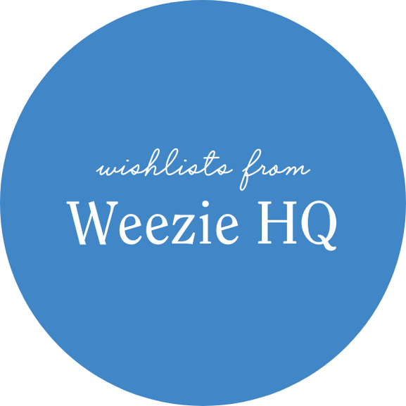 Blue circular graphic with the text "wishlists from Weezie HQ"