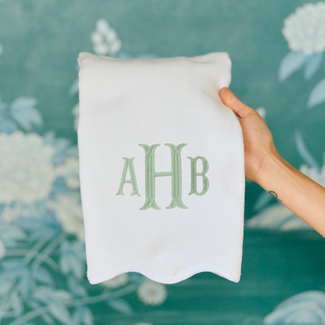 pair of white hand towels with french blue embroidered monogram