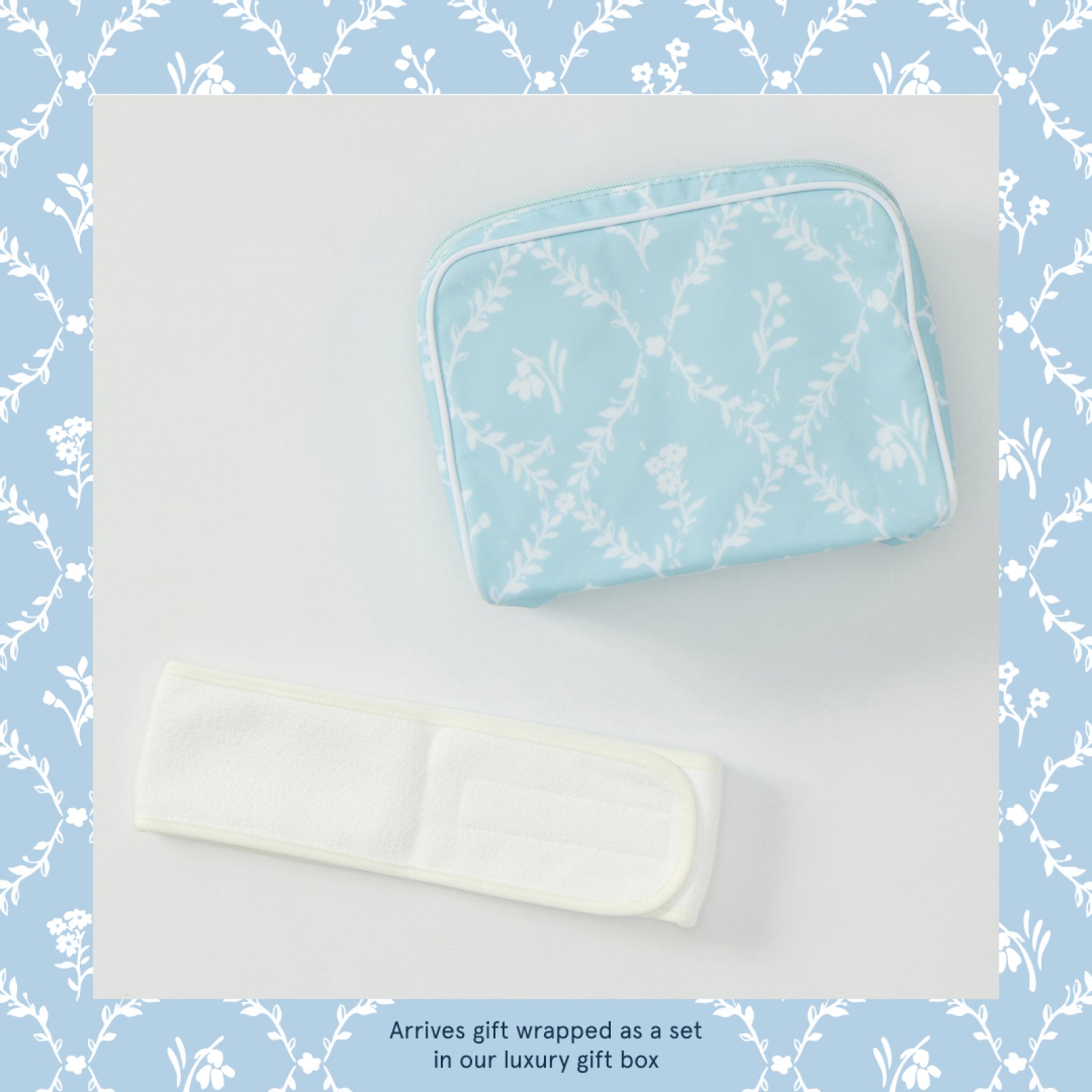 Glam and Go Set in Blue Trellis, blue toiletry case and white spa headband laid flat