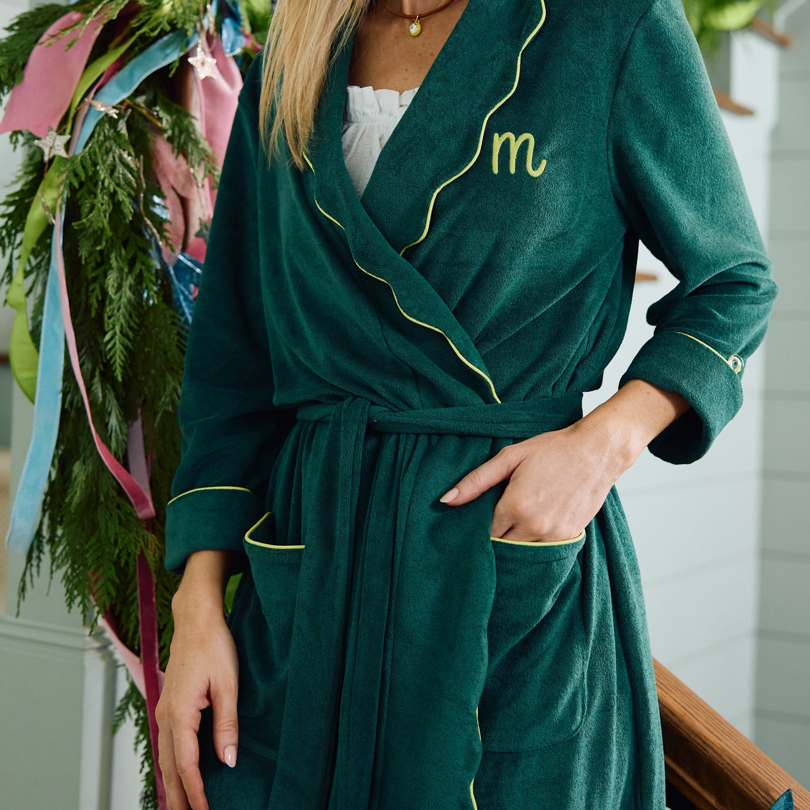 Women's long scallop lightweight robe in Emerald, close-up of the monogram and scalloped yellow piping