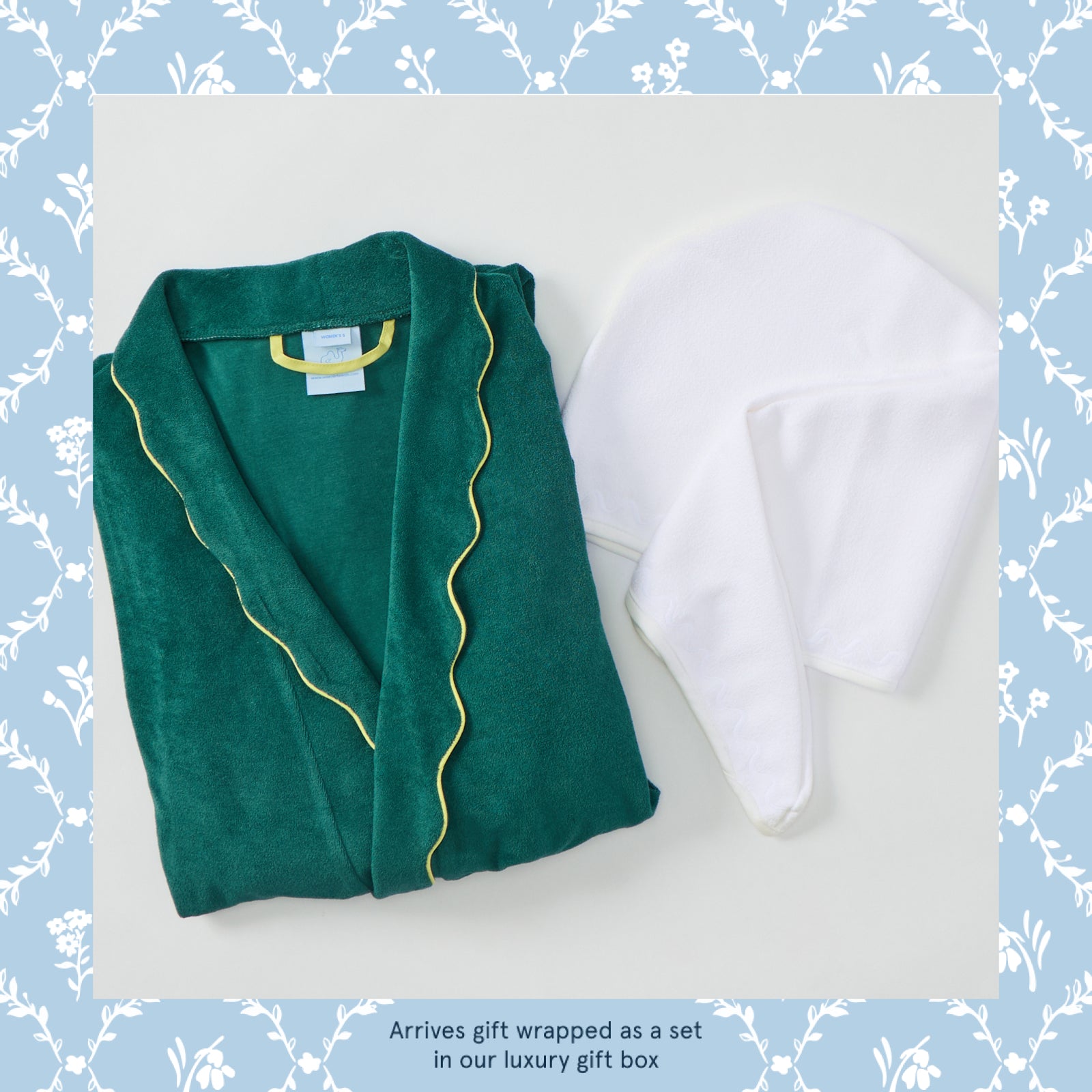 Morning Routine Gift Set in Emerald, emerald robe and white hair towel laid flat