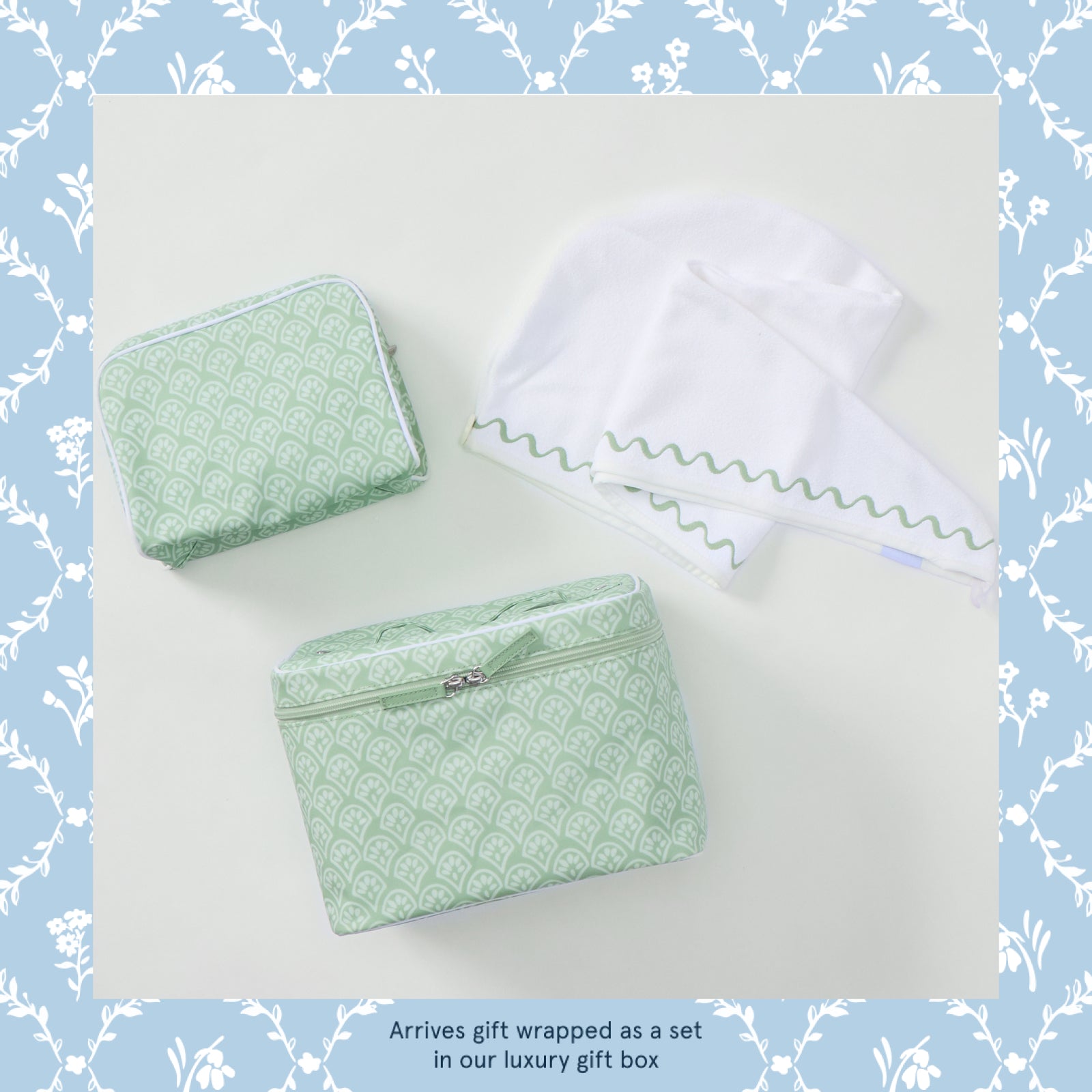 Toiletry case, vanity case and hair towel gift set in green block print, laid flat