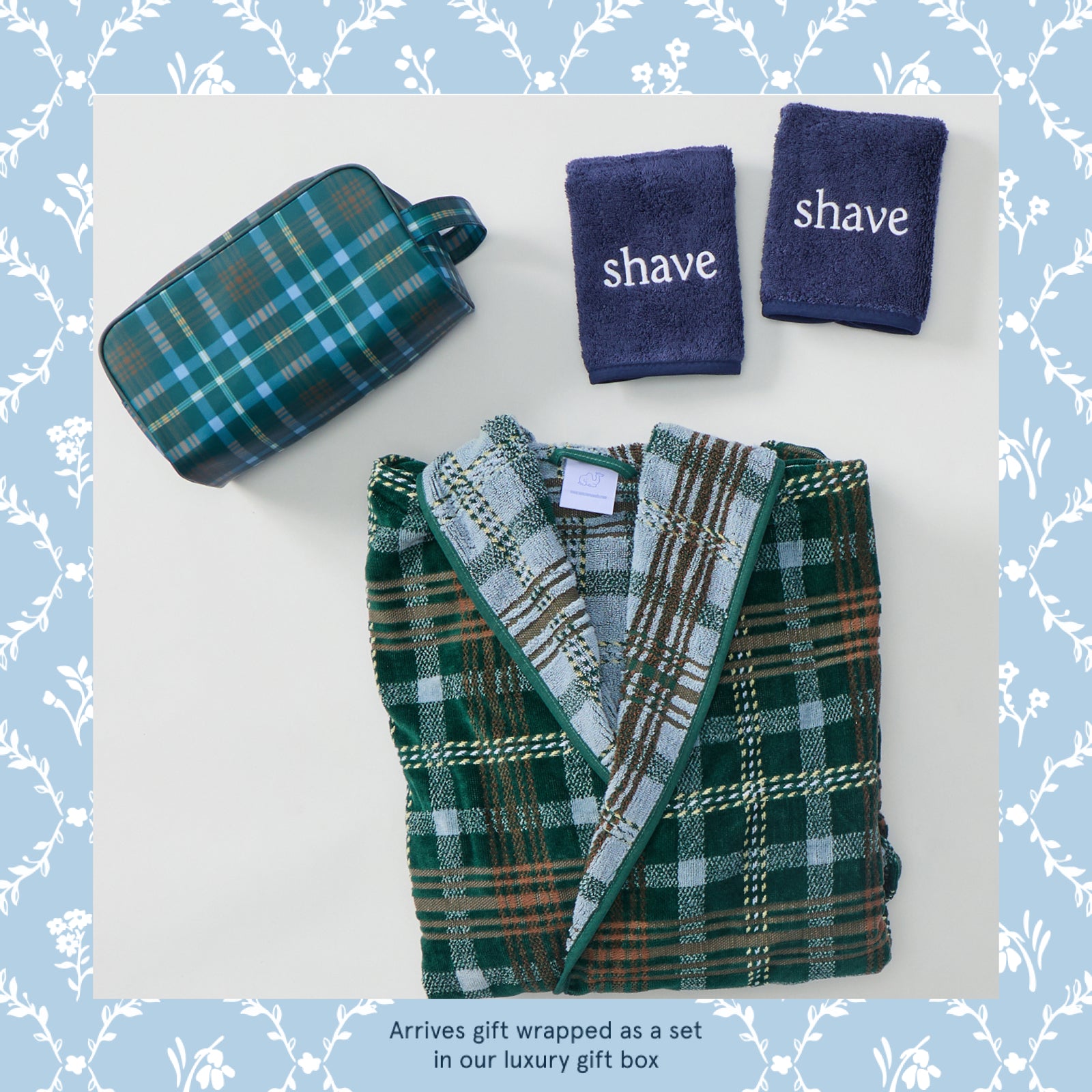 Robe, dopp kit and shave towel gift set in Green Dad Plaid, laid flat