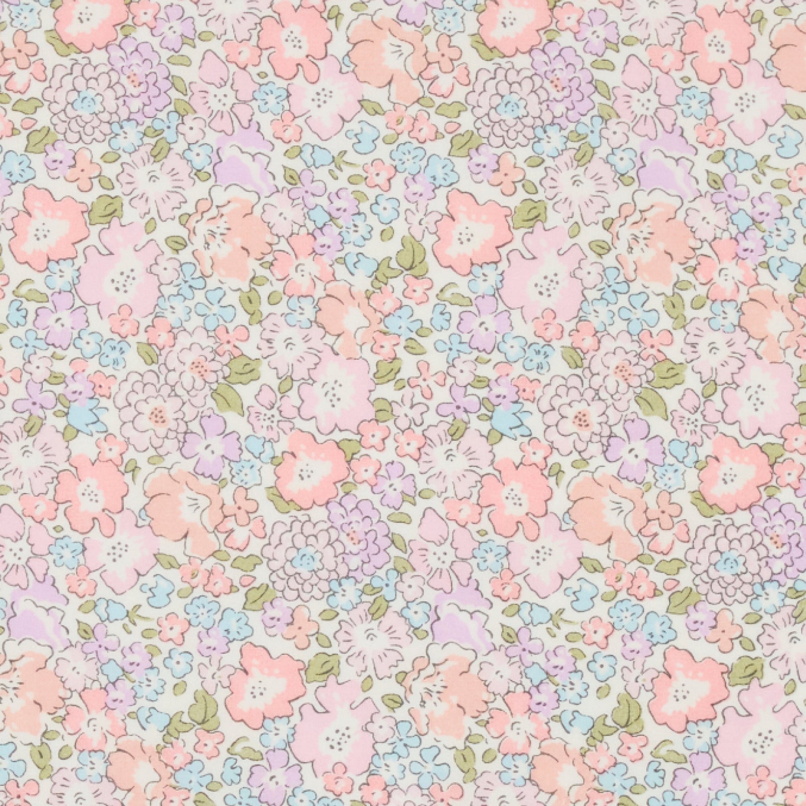 Swatch of the pastel pink and lilac Liberty floral fabric used for the Liberty Bow appliqué, laid flat.