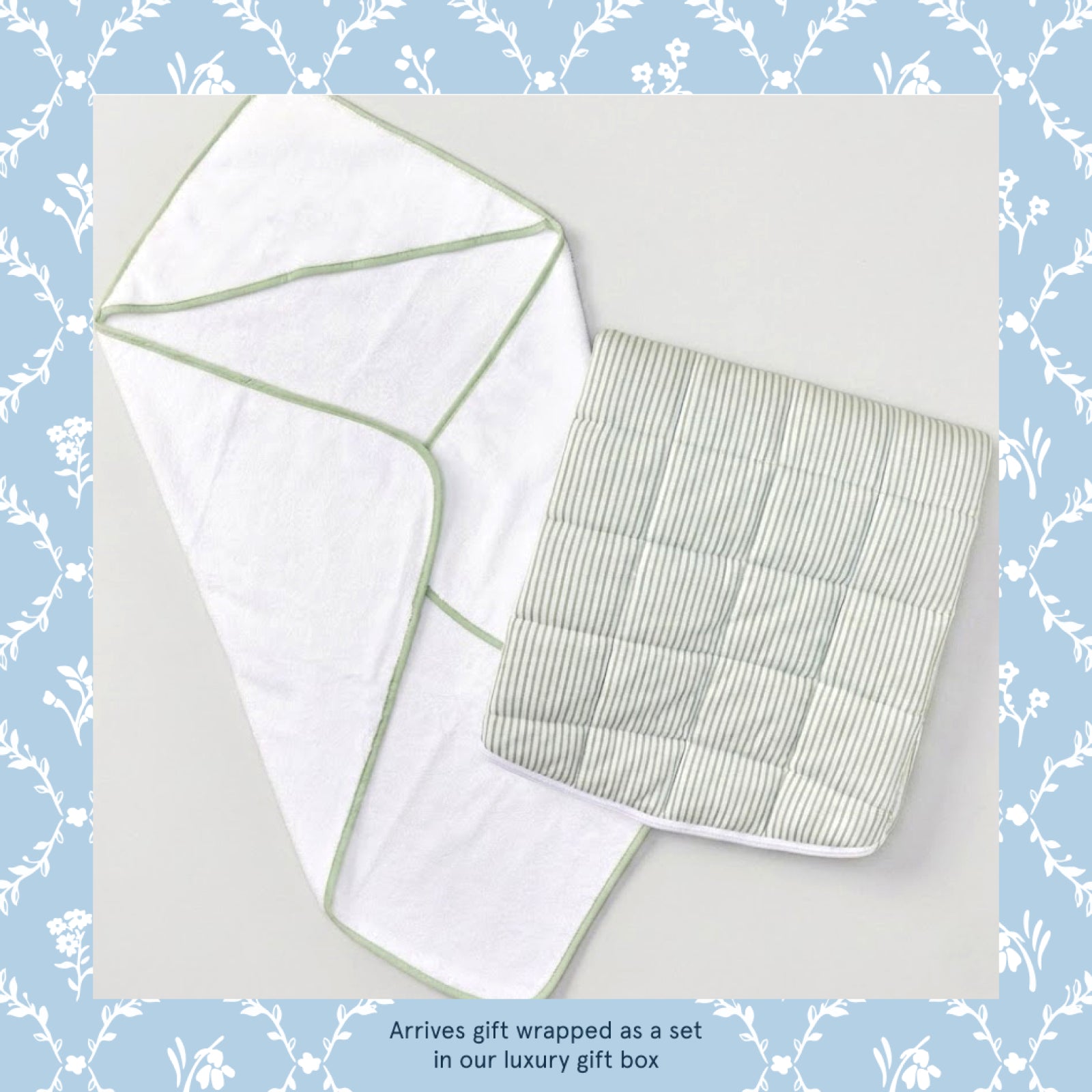 A green striped baby mat and a white hooded towel with matcha green trim.
