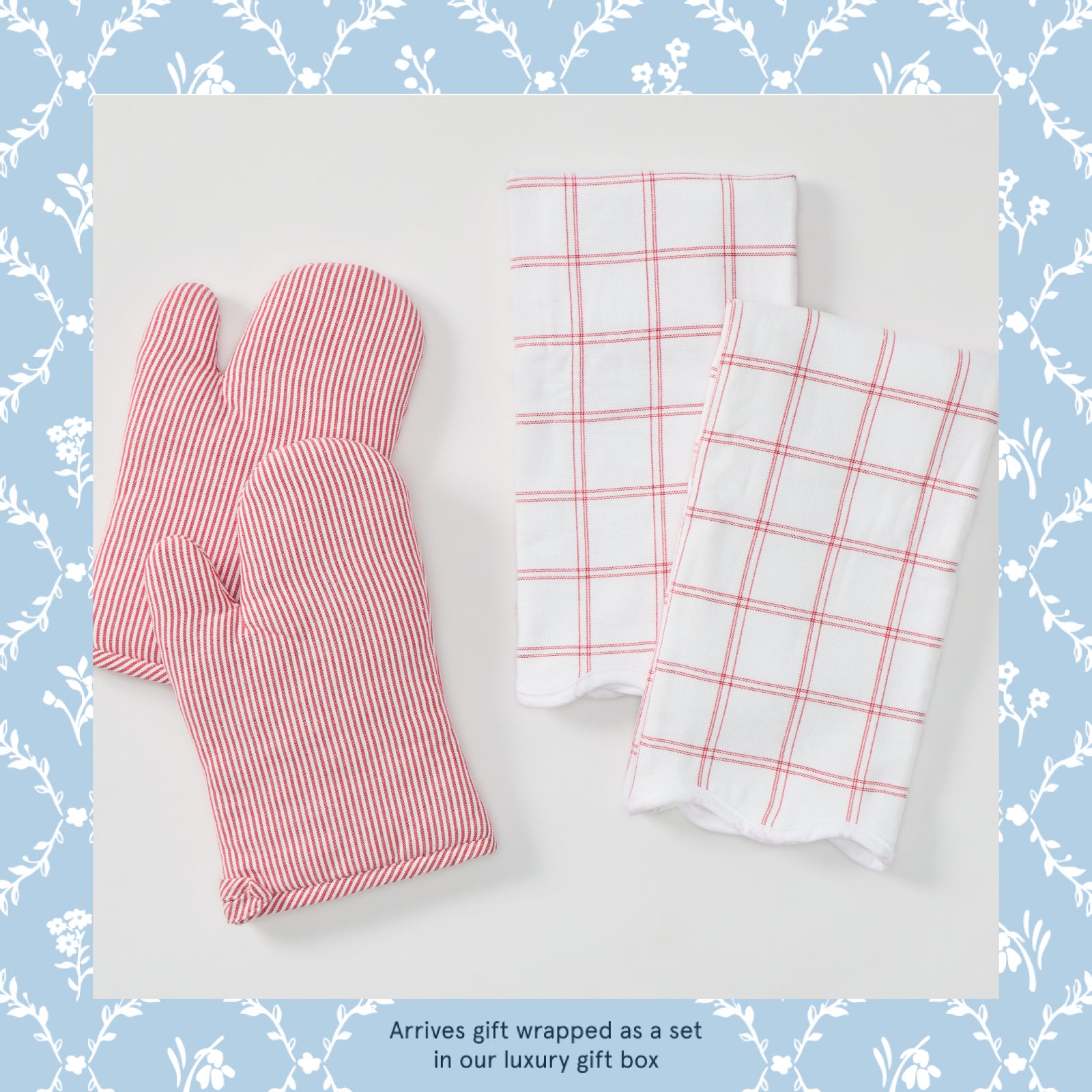 Baker's Gift Set in Red Windowpane, red stripe oven mitts and windowpane kitchen towels laid flat