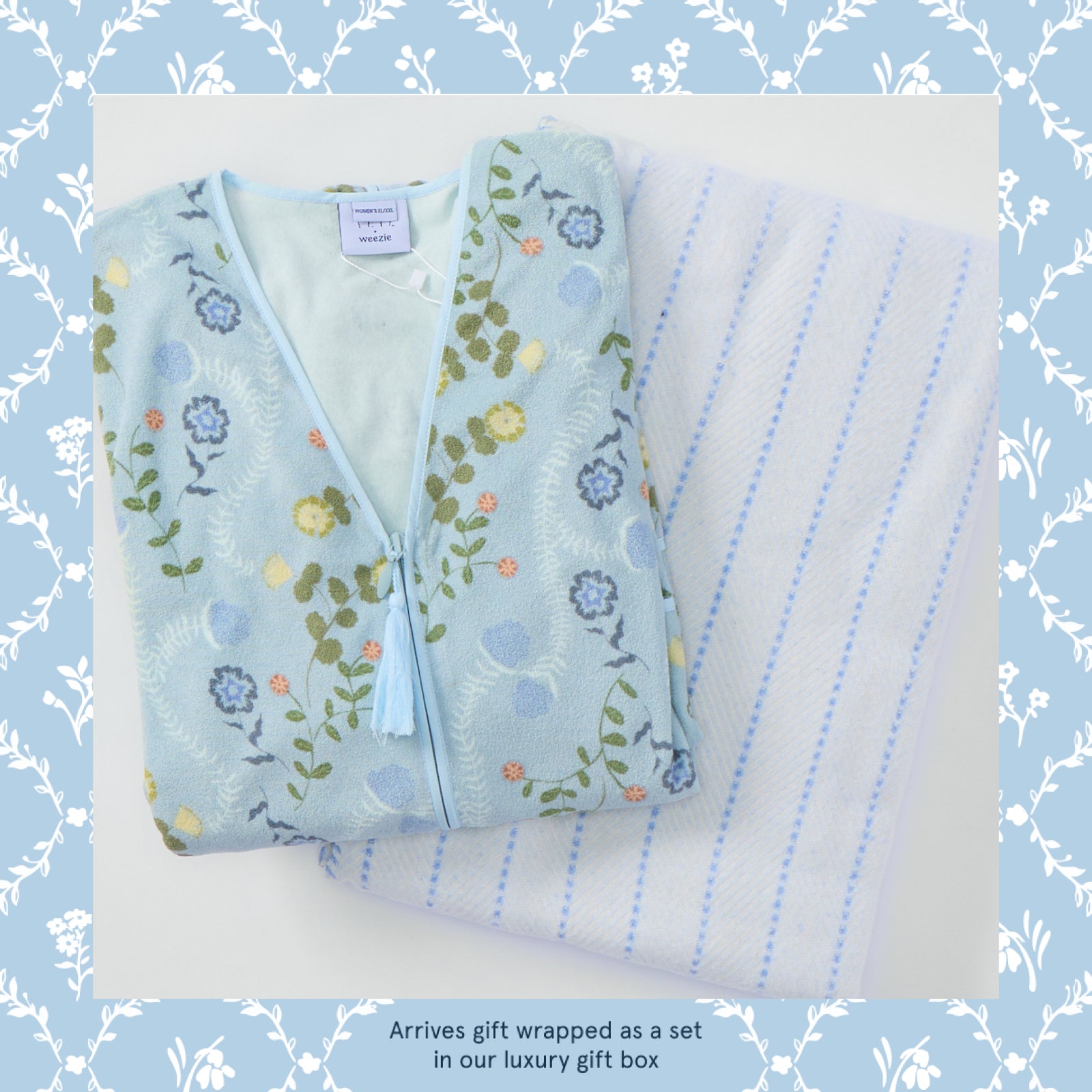 Cozy Gift Set in Blue Floating Vine, floral housecoat and striped throw laid flat