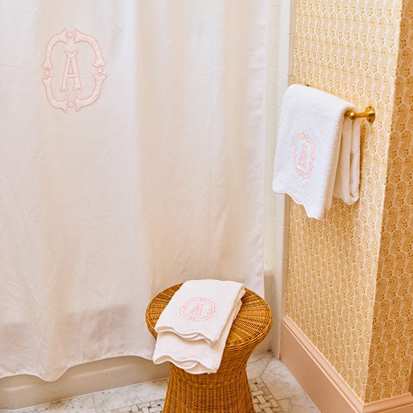 Monogram Applique Shower Curtain with trestle trim / top Bath Curtain